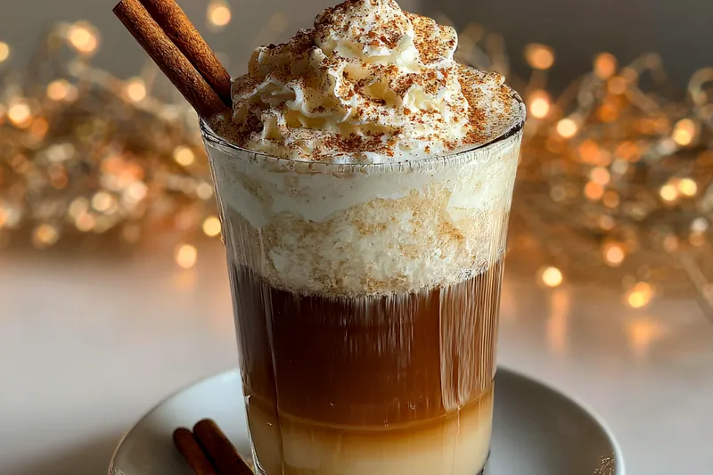 Step-by-step images showing the preparation of Festive Eggnog White Russian.