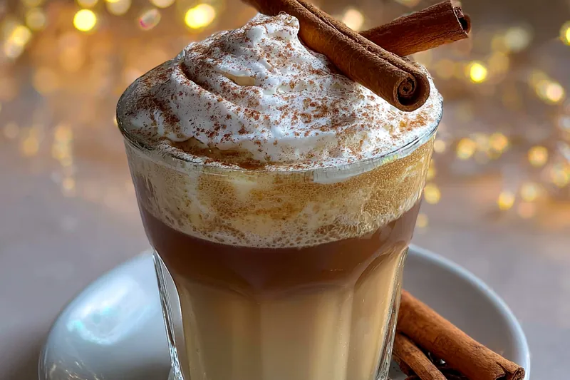 Ingredients laid out for Festive Eggnog White Russian, including eggnog, vodka, and spices.