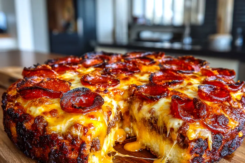 Close-up of bacon cheeseburger pizza slice being lifted showing melted cheese strings stretching and layers of beef, cheese, and pepperoni clearly visible