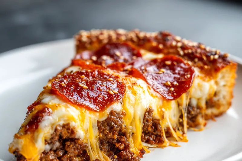 Overhead flat-lay of all bacon cheeseburger pizza ingredients neatly arranged on marble counter including pizza dough, ground beef, cheese, pepperoni, sauces, and spices in prep bowls