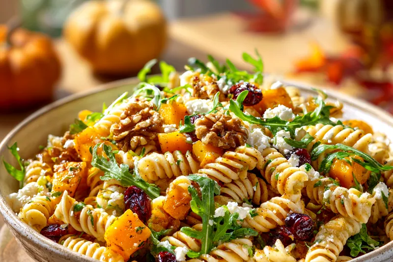 Close-up of golden-roasted butternut squash cubes on a baking sheet with caramelized edges, being tossed with pasta and vinaigrette