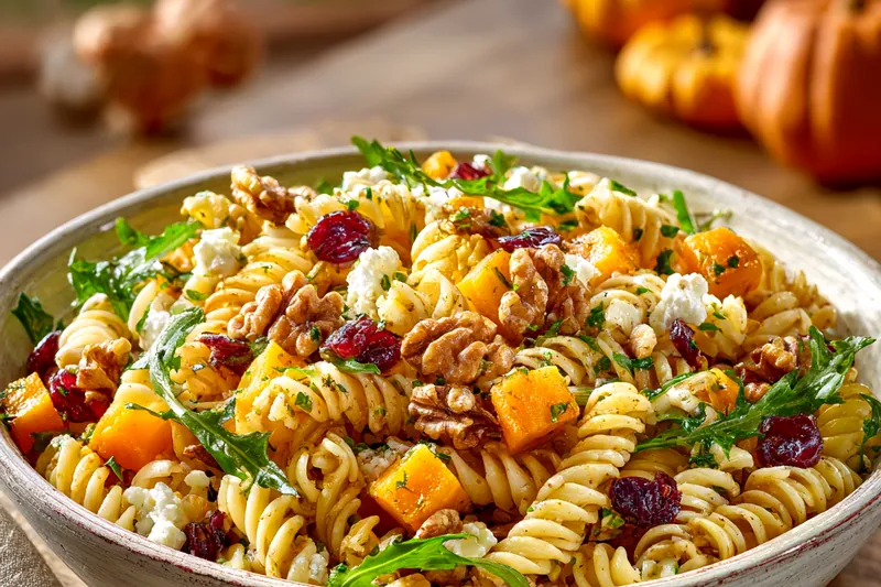 Overhead view of all Fall Harvest Pasta Salad ingredients arranged on a wooden board: rotini pasta, cubed butternut squash, dried cranberries, goat cheese, walnuts, arugula, and vinaigrette components