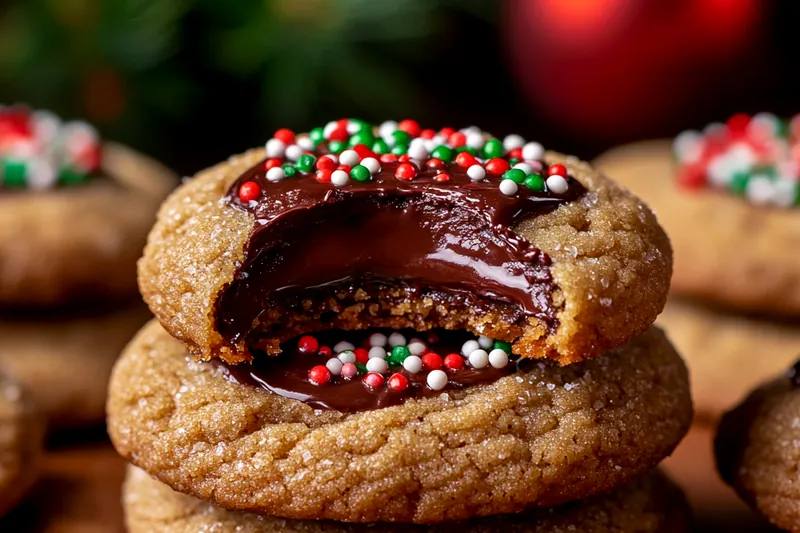 The baking process of Festive Chocolate Thumbprint Cookies, with golden cookies emerging from the oven.