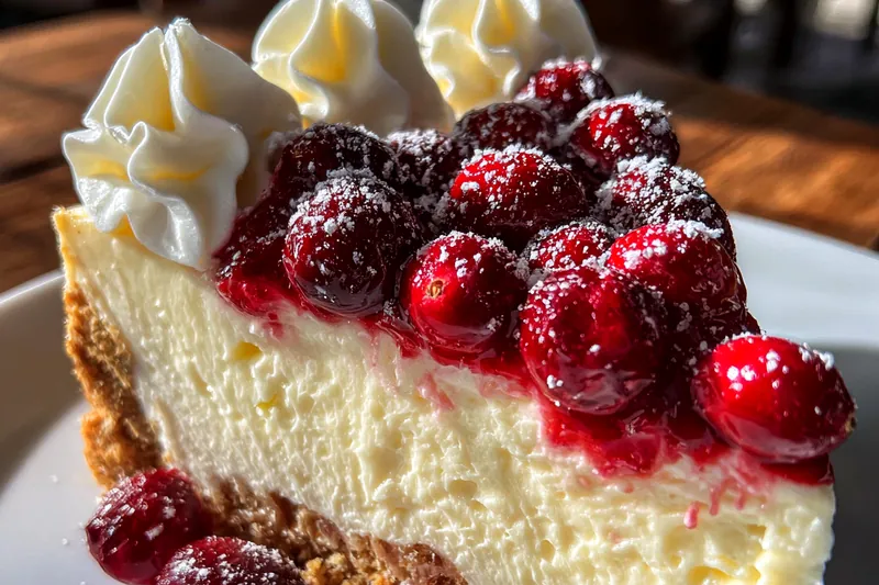 The baking process of Festive Cranberry Cheesecake in the oven, showcasing its golden brown top.