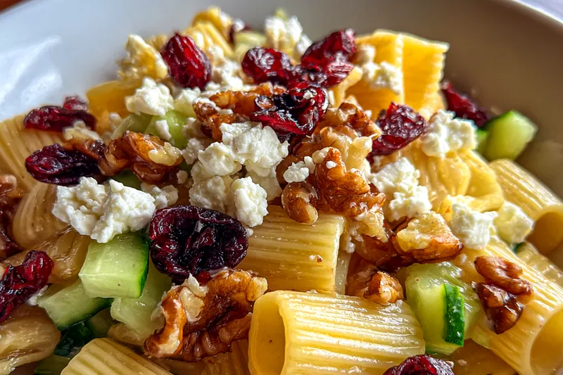 Fresh ingredients for Zesty Rigatoni Salad Delight, including colorful vegetables and rigatoni pasta displayed on a wooden table.