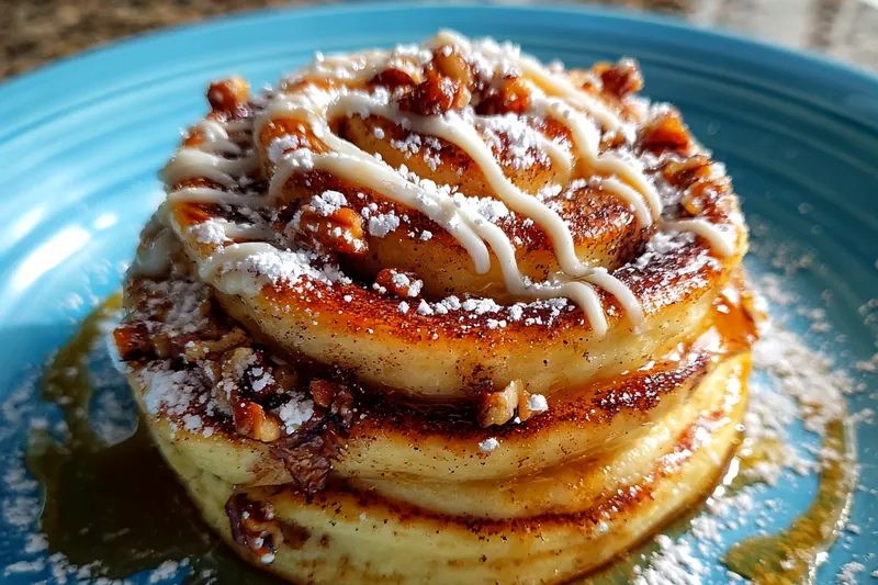 A cooking scene showcasing the process of making Cinnamon Roll Pancakes Delight with pancakes sizzling on a skillet.