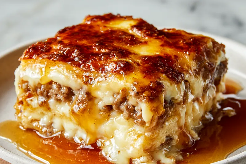 Overhead view of all ingredients for pancake casserole including raw breakfast sausage links, eggs, milk, pancake mix, shredded cheddar cheese, maple syrup, and butter arranged on marble countertop