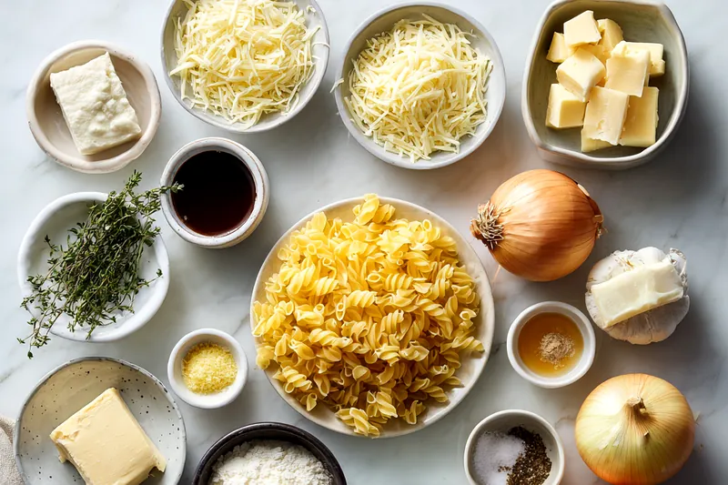 Overhead view of French onion mac and cheese ingredients arranged on marble surface including pasta, sliced onions, multiple cheeses, butter, milk, herbs, and spices