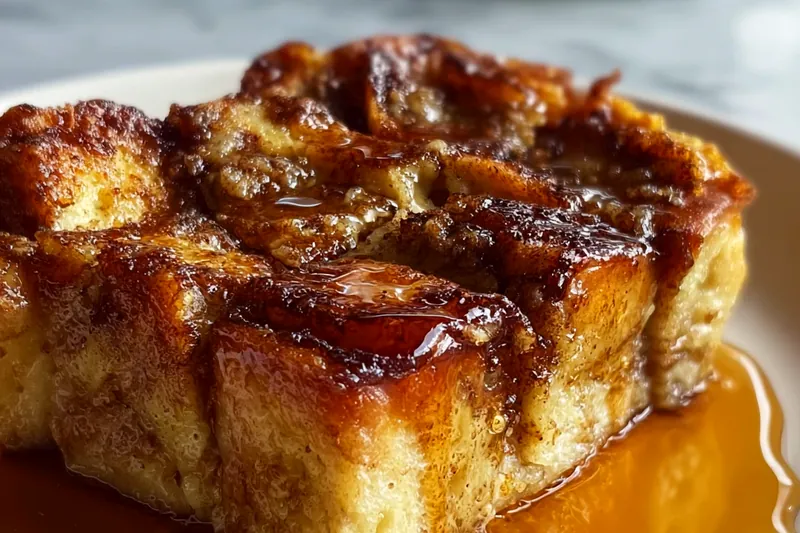 French toast casserole baking in the oven, showing the golden-brown top forming and the custard setting around the bread cubes