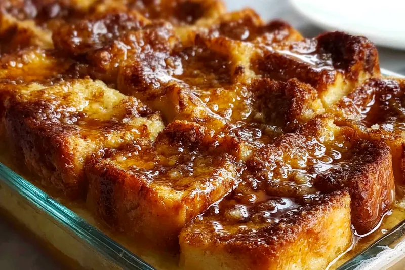 French toast casserole ingredients laid out including cubed brioche bread, eggs, milk, cream, brown sugar, maple syrup, and warming spices on a marble counter