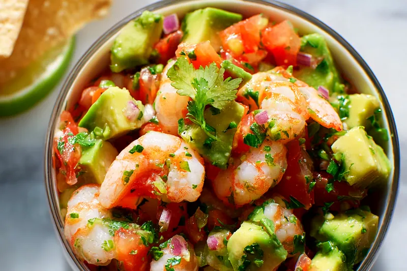 Step-by-step cooking process showing pink shrimp being added to boiling water in a stainless steel pot, then transferred to an ice bath in a glass bowl, and finally being chopped into bite-sized pieces on a wooden cutting board