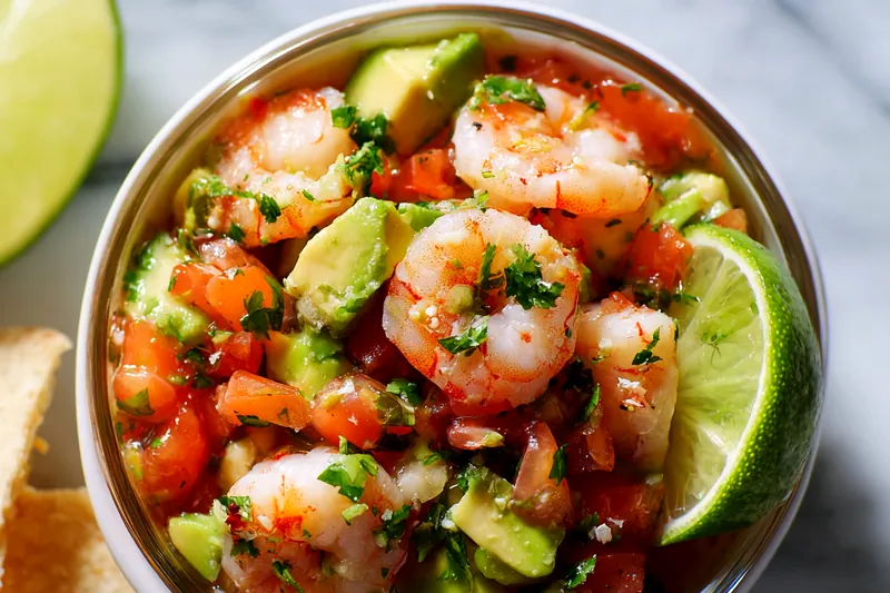 Overhead arrangement of fresh ingredients for shrimp ceviche including raw pink shrimp, bright green limes and lemons, ripe avocados, red tomatoes, purple onion, jalapeño pepper, and fresh cilantro bunches on a white marble surface