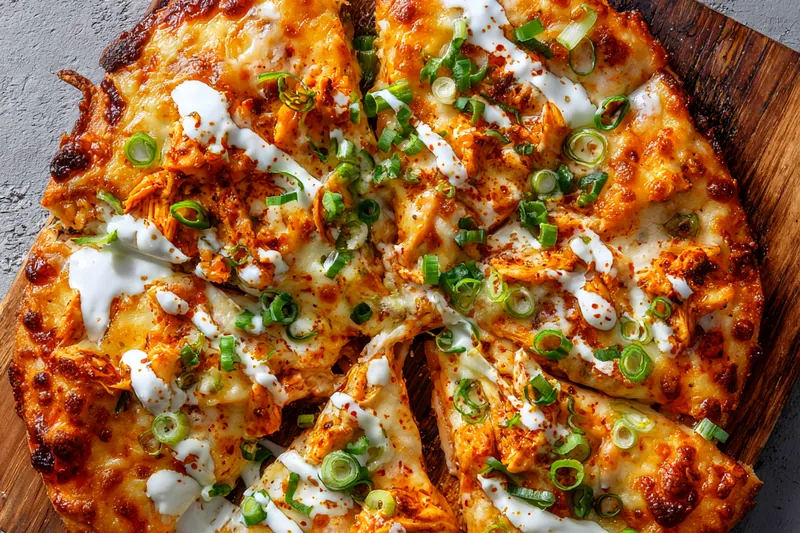 Buffalo chicken pizza baking in oven with golden bubbling cheese and perfectly browned crust, showing the ideal doneness indicators