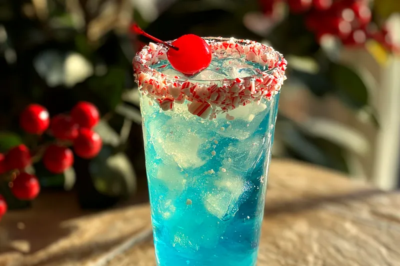 Step-by-step images showcasing the process of making Frosty Holiday Cocktail Delight, highlighting the mixing and garnishing stages.