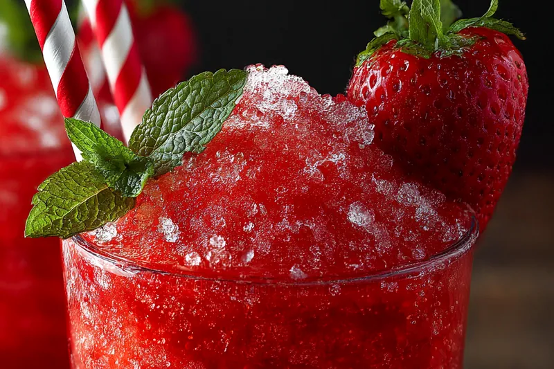 Blender filled with bright pink strawberry mixture being blended into smooth slushie consistency