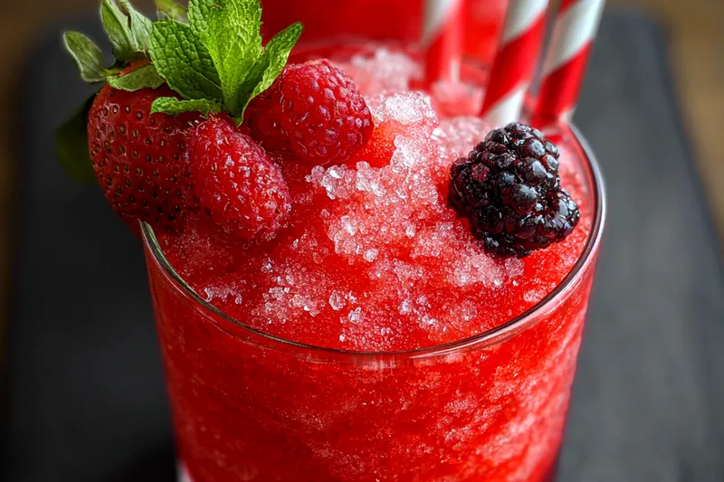 Fresh and frozen strawberries, lemons, honey, ice cubes, and fresh berries arranged for making strawberry slushie