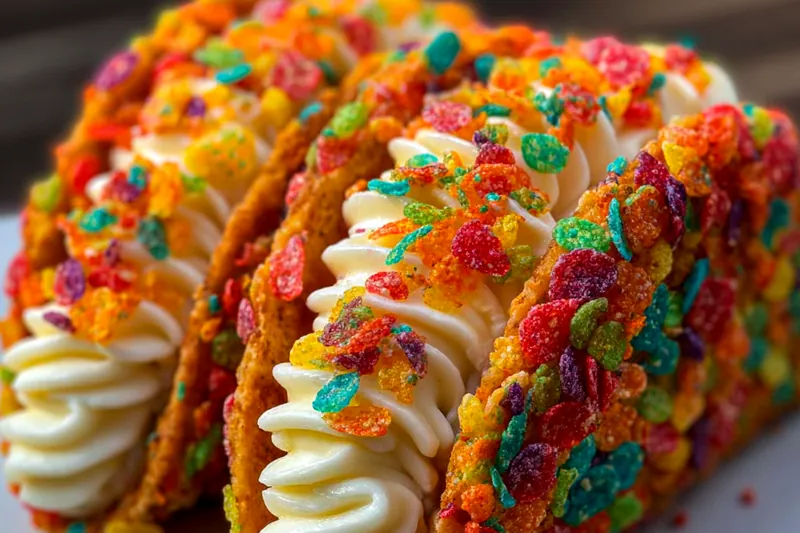Hands molding colorful Fruity Pebbles mixture over inverted muffin cups to create taco shell shapes, showing the technique for forming the shells