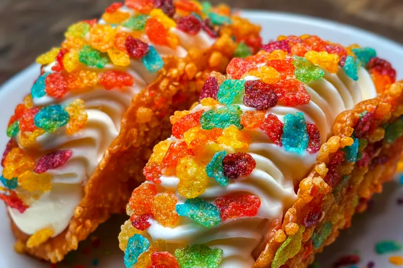 Colorful Fruity Pebbles cereal, cream cheese, fresh berries, marshmallows, and other ingredients arranged on a white countertop for dessert taco assembly