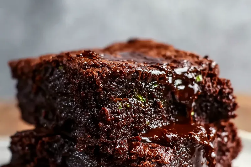 Chocolate zucchini brownie batter being spread in a parchment-lined baking pan, showing the thick, rich consistency