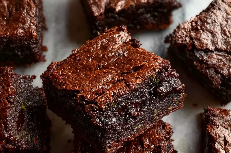 Baking ingredients for zucchini brownies including grated zucchini, cocoa powder, chocolate chips, and eggs arranged on a marble counter