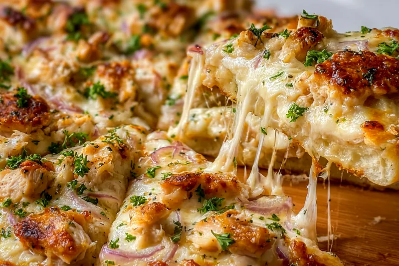 Garlic Alfredo chicken pizza baking in the oven with golden-brown bubbling cheese and crispy edges forming