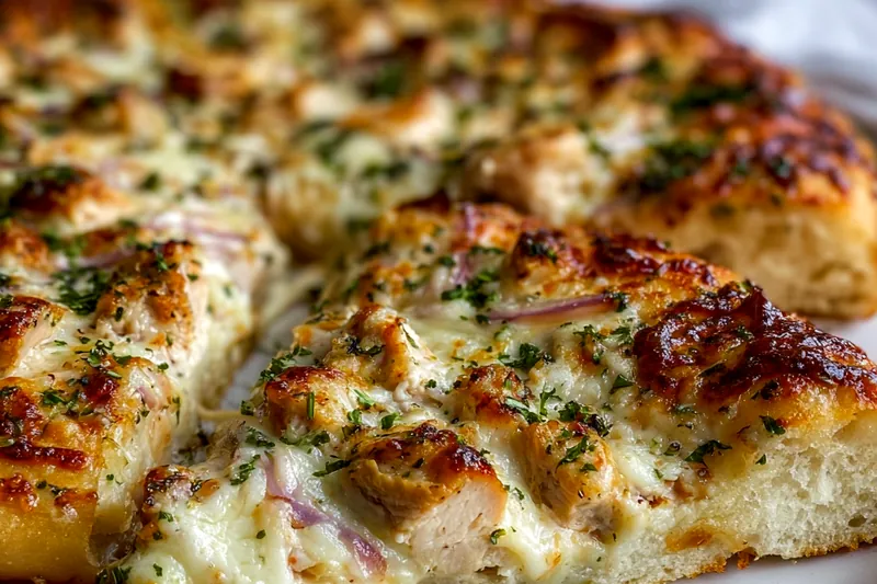 Ingredients for garlic Alfredo chicken pizza including pizza dough, cooked chicken, Alfredo sauce, garlic, mozzarella, and Parmesan arranged on a marble counter