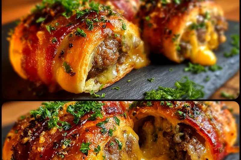 Ingredients for bacon cheeseburger rollups laid out on a marble counter: ground beef, bacon strips, shredded cheddar cheese, egg roll wrappers, garlic cloves, butter, and seasonings in small bowls