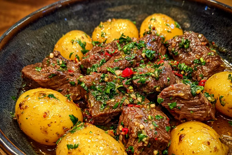 The cooking process of Garlic Butter Beef Delight, showing beef being seared in a skillet with garlic and butter.