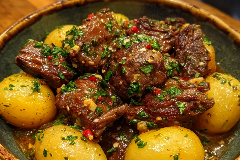 A collection of fresh ingredients for Garlic Butter Beef Delight including beef, garlic, and herbs.