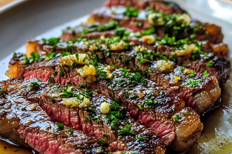 The cooking process of Savory Garlic Butter Steak Delight, showcasing the steak searing in a skillet with garlic butter bubbling around it.