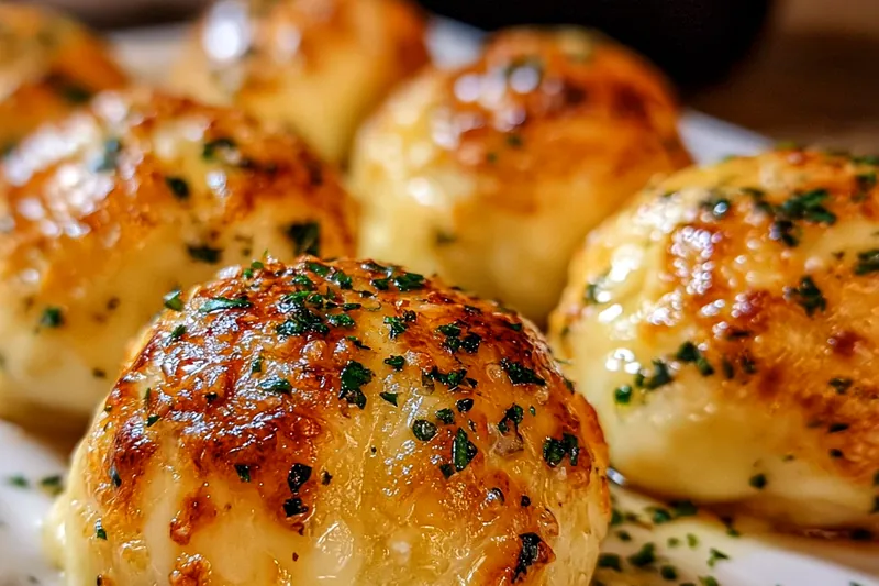 Golden garlic butter cheese bombs baking in the oven with melted cheese slightly oozing and tops brushed with herb-infused garlic butter