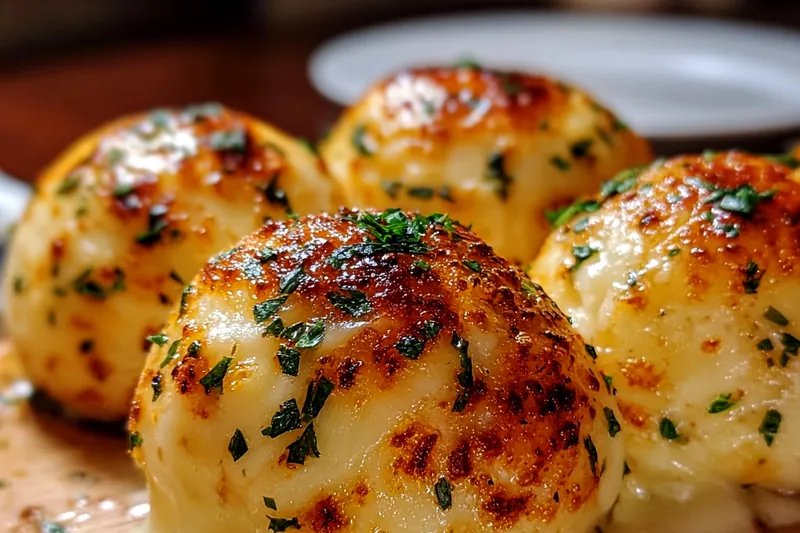 Fresh ingredients for garlic butter cheese bombs including pizza dough, mozzarella cubes, fresh garlic, butter, and Italian herbs arranged on a wooden cutting board