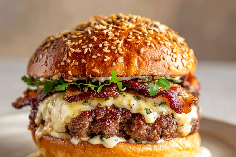 Close-up action shot of spatula pressing down on ground beef ball in hot cast iron skillet, creating the signature thin smash burger patty with steam rising