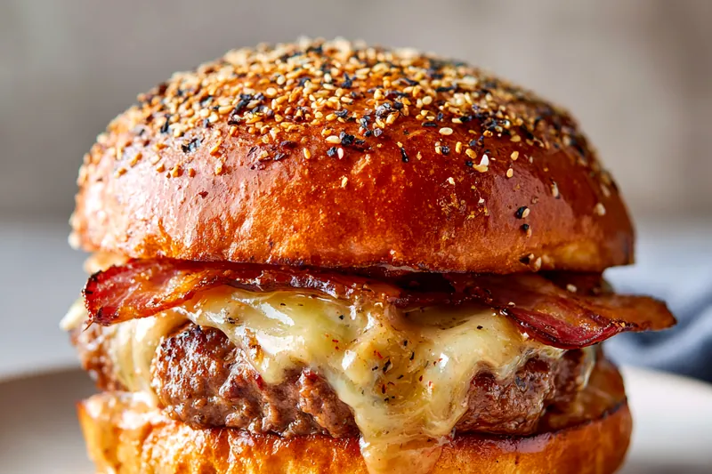 Overhead view of smash burger ingredients arranged on dark wood surface: ground beef balls, brioche buns with sesame seeds, bacon strips, cheese slices, butter, minced garlic, and fresh parsley