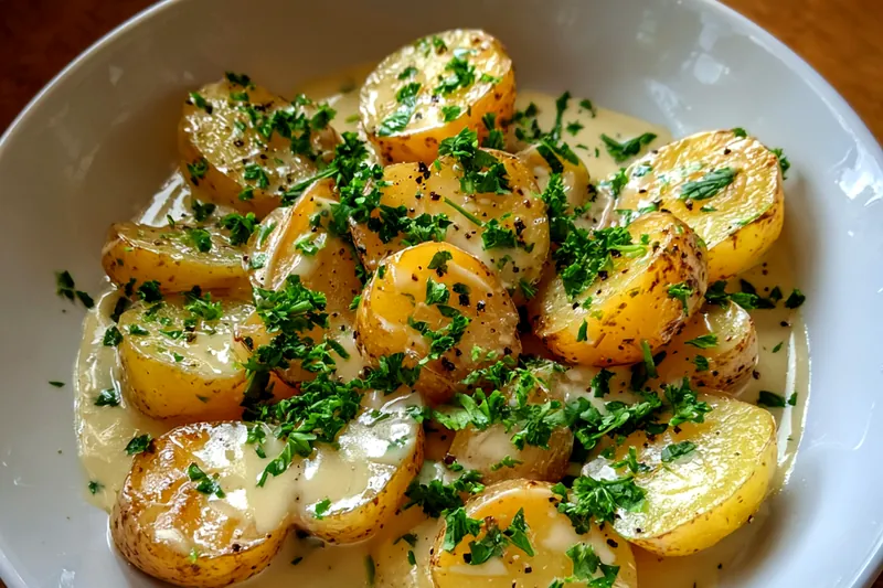 An array of fresh ingredients including baby potatoes, garlic, and cream set up for Garlic Cream Potatoes.