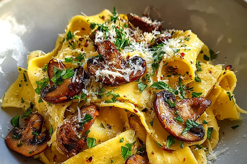 Fresh ingredients for Garlic Mushroom Pappardelle Delight