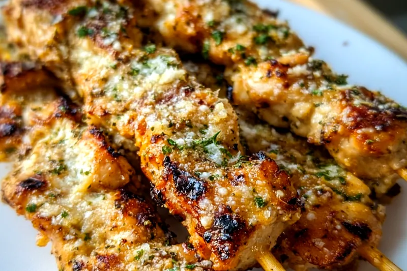 Garlic parmesan chicken skewers on the grill with melted cheese coating, showing perfect grill marks and golden color