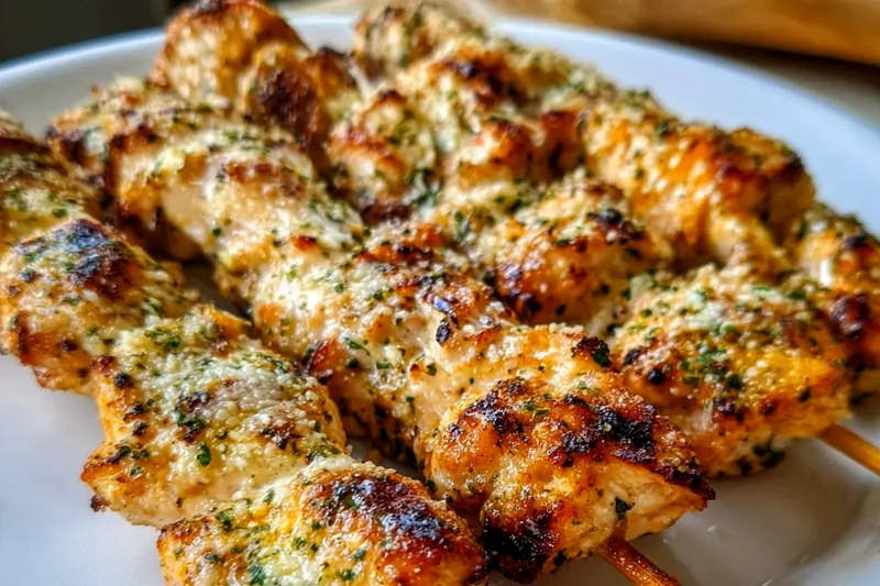 Raw chicken cubes in marinade with garlic, herbs, parmesan cheese, and wooden skewers arranged on white parchment paper