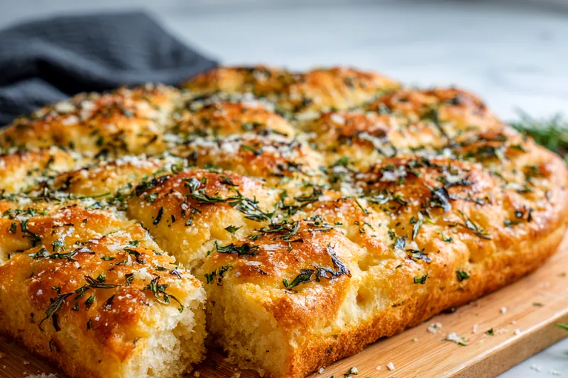 Garlic Parmesan focaccia bread baking in the oven showing golden-brown surface with characteristic dimples filled with olive oil and melted cheese