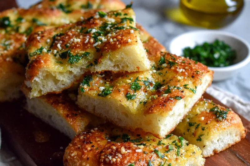 Fresh focaccia ingredients including flour, yeast, olive oil, fresh garlic, Parmesan cheese, and rosemary sprigs arranged on a marble surface with a wooden spoon