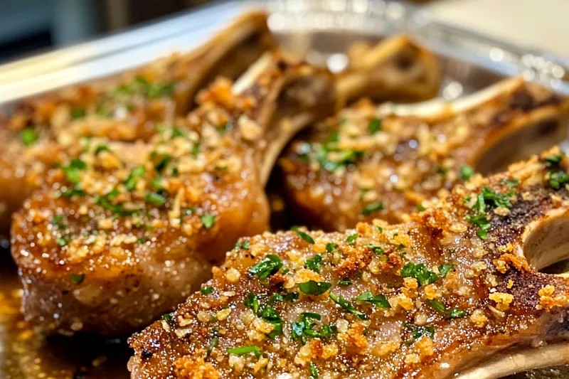 An image showcasing the cooking process of Crispy Garlic Parmesan Lamb Chops with sizzling in the skillet.