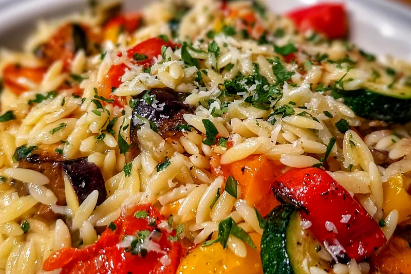 Ingredients for garlic Parmesan orzo including orzo pasta, fresh vegetables, Parmesan cheese, cream, and herbs arranged on a marble counter