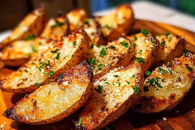 The cooking process of Crispy Garlic Parmesan Wedges, showing crispy golden baked wedges on a baking sheet.