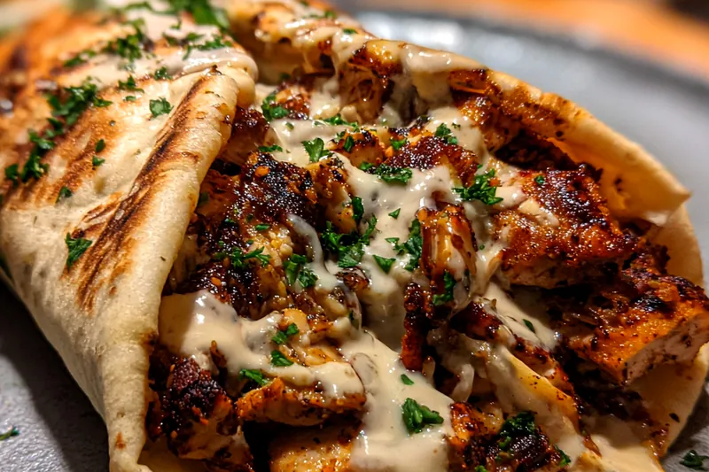 The cooking process of Garlic Sauce Shawarma Wrap with chicken sizzling in a skillet.