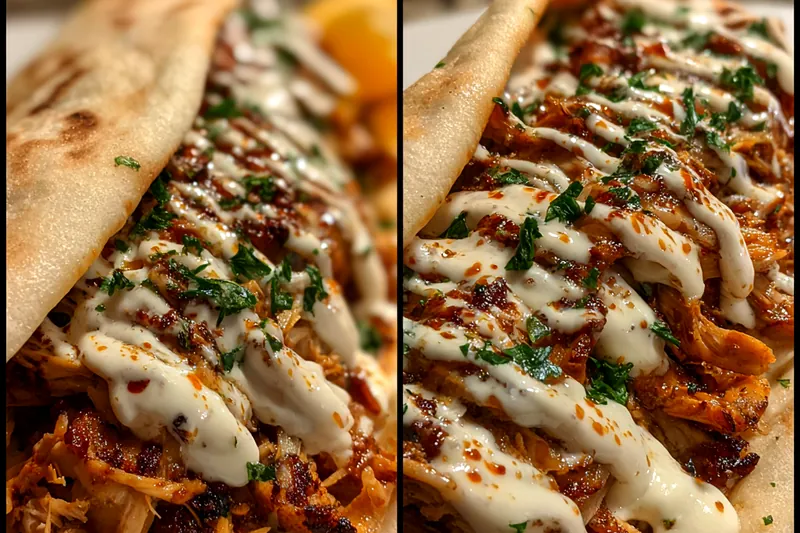 Fresh ingredients for Garlic Sauce Shawarma Wrap including chicken, vegetables, and garlic sauce.