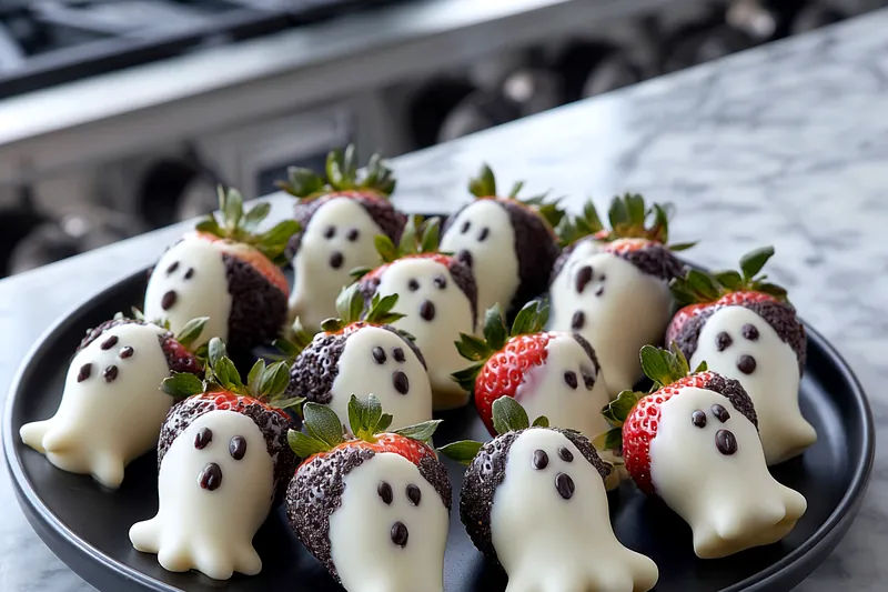 Fresh strawberries, white chocolate chips, coconut oil, and dark chocolate arranged for making ghost strawberries