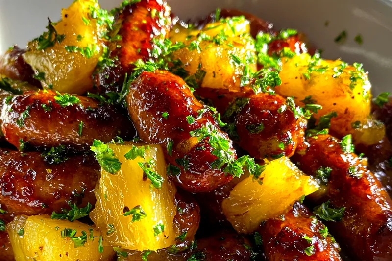Raw ingredients including smoked sausage pieces, fresh pineapple chunks, brown sugar, honey, and seasonings arranged on a wooden cutting board