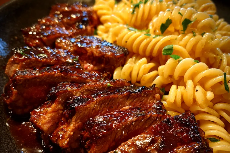 Fresh ingredients for Glazed Steak Rotini Delight