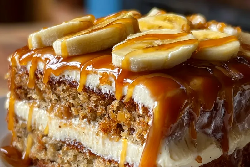 Gluten-free baking ingredients including GF flour blend, ripe bananas, caramel-making supplies, and butter arranged on a clean kitchen counter