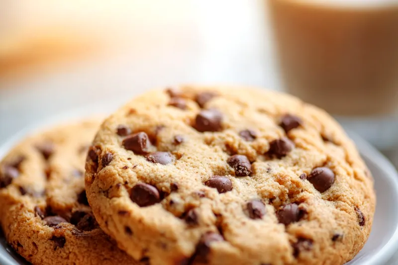 Golden-brown almond flour chocolate chip cookies baking in the oven, showing perfect spread and color development with melted chocolate chips visible